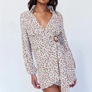 Princess Polly Floral Wrap Dress in Brown and White